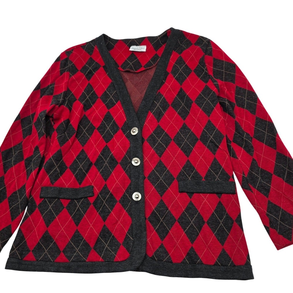 Retro Preppy Stuart Alan Cardigan W Petite Red Argyle‎ V-Neck Button Front USA